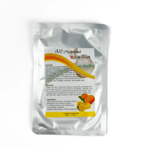 VC Hydrolyzed Silk Mask in white-silver packaging with orange design from beauty and facial mask manufacturer, providing OEM face mask in Malaysia for brightening and smoothing skin
