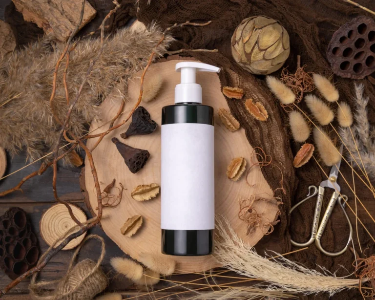 OEM facial cleanser in a pump bottle with natural decor elements, showcasing skincare manufacturing insights.