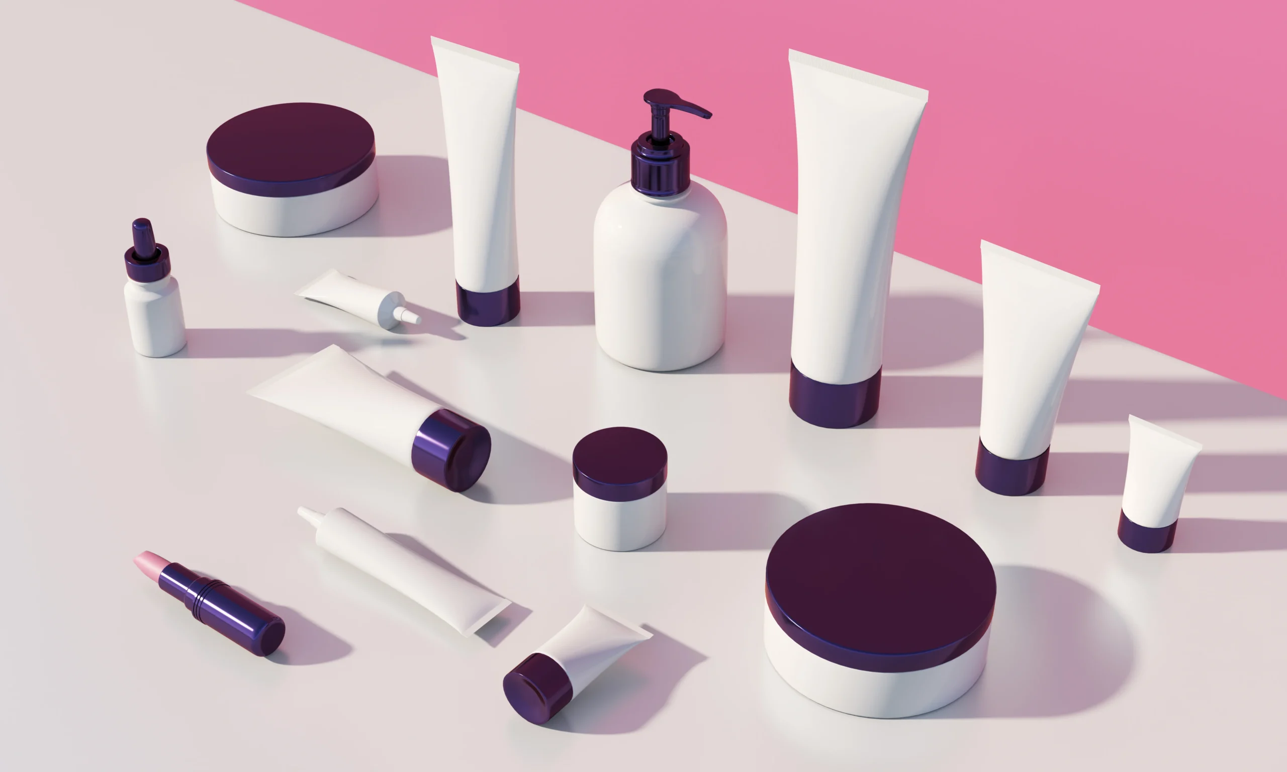 3D mockup of skincare and hair care products including bottles, tubes, and jars in various sizes, representing cosmetic brand product line expansion and branding identity concept.